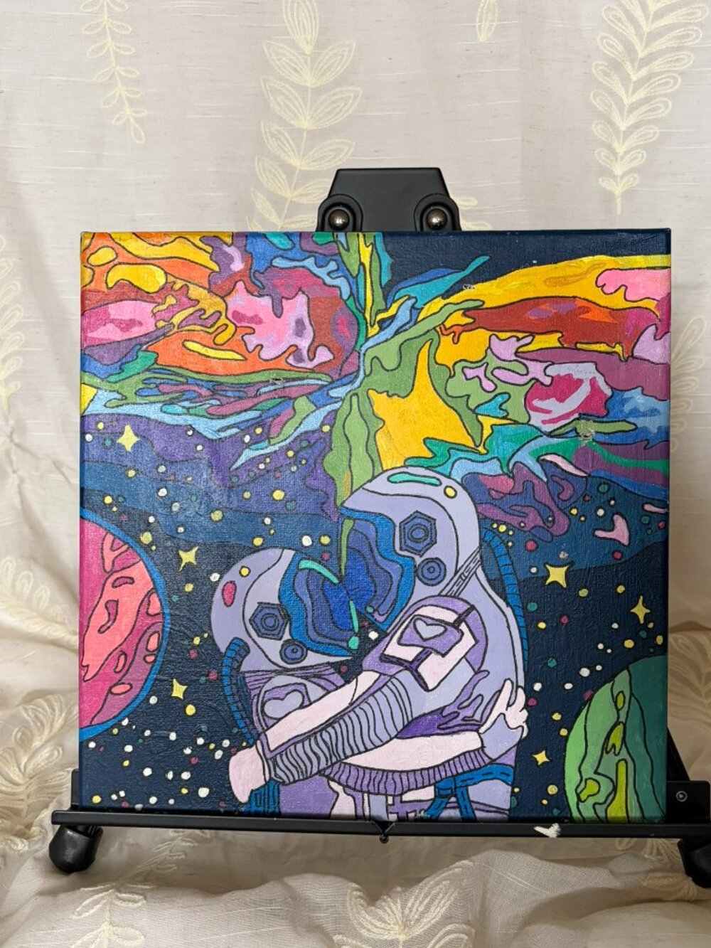 Hand Painted Colorful Astronaut Space Acrylic Canvas 12x12